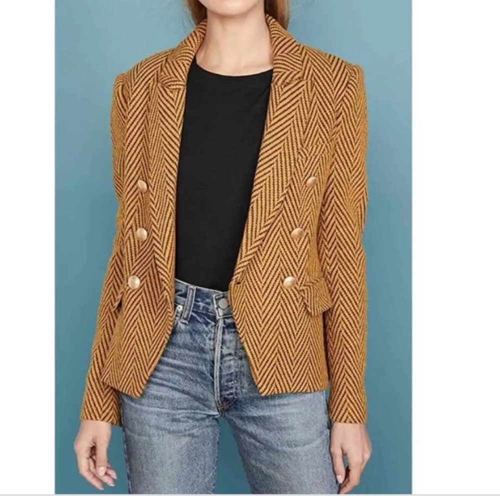 L'AGENCE Mustard and Black Herringbone Double-Breasted Blazer - Picture 2 of 4